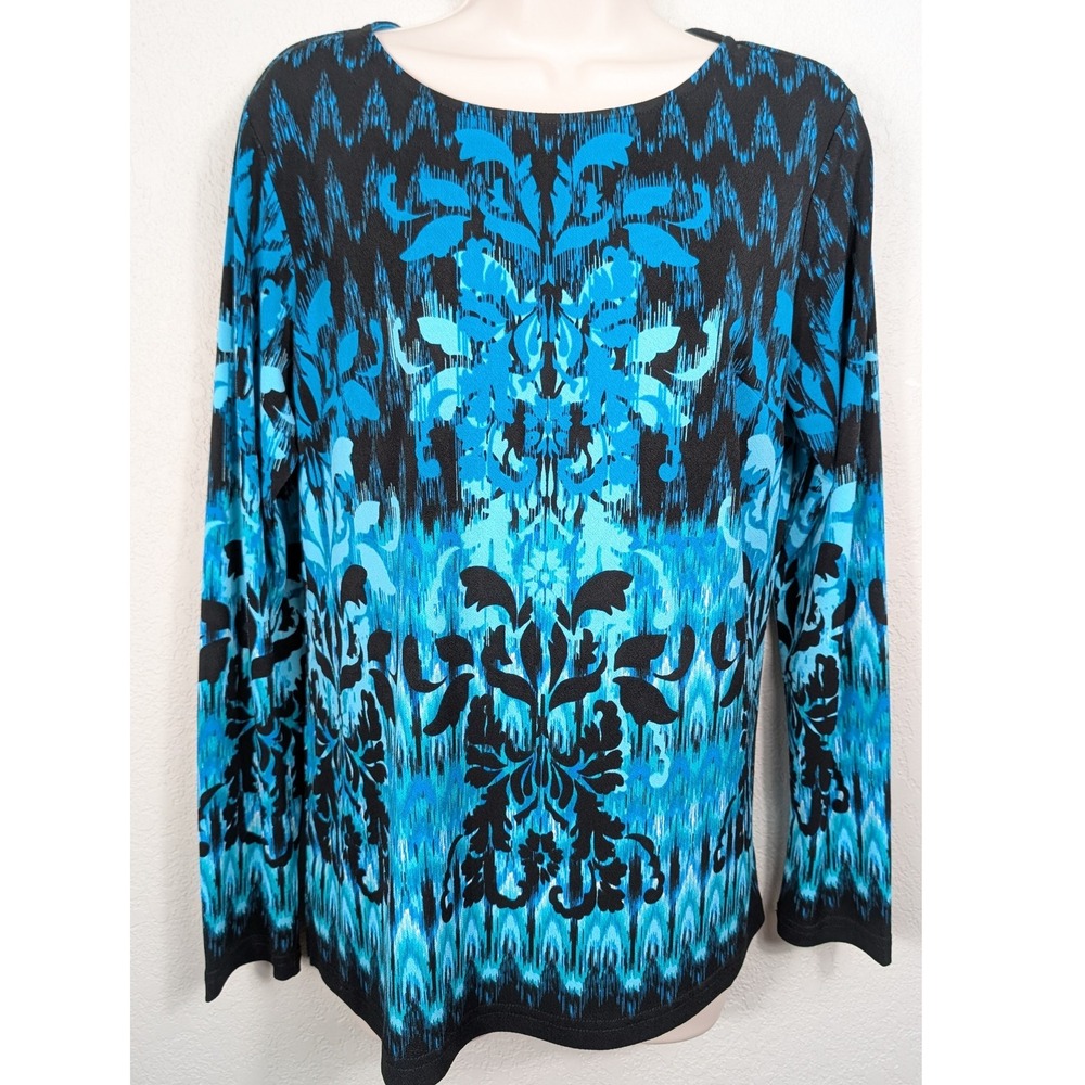 Bob Mackie Wearable Art Blue Liquid Ikat Print Long Sleeve Top Women's Small